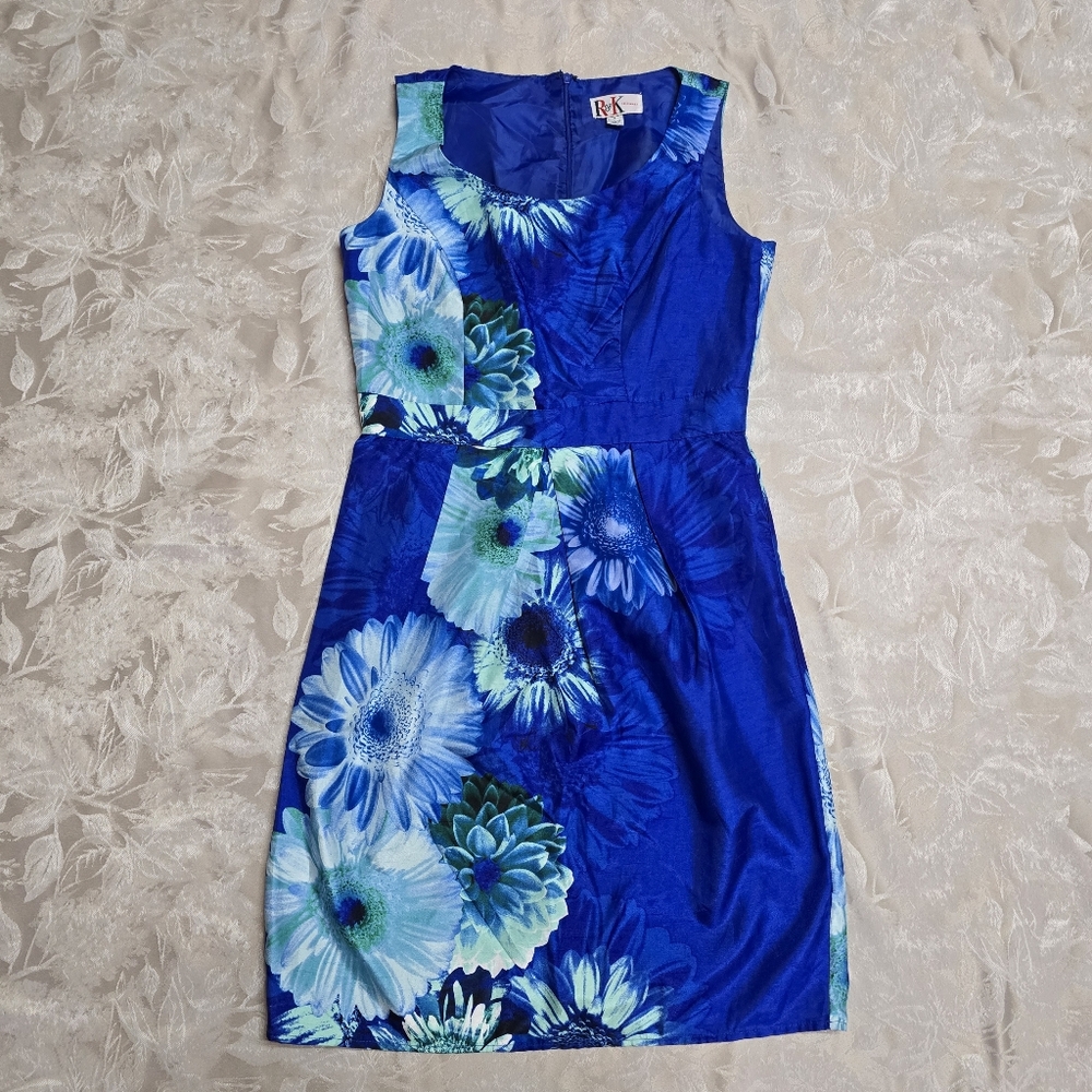 Vintage R&K Originals Blue Sleeveless Dress Size 6 Flowers Elegant Classy Church